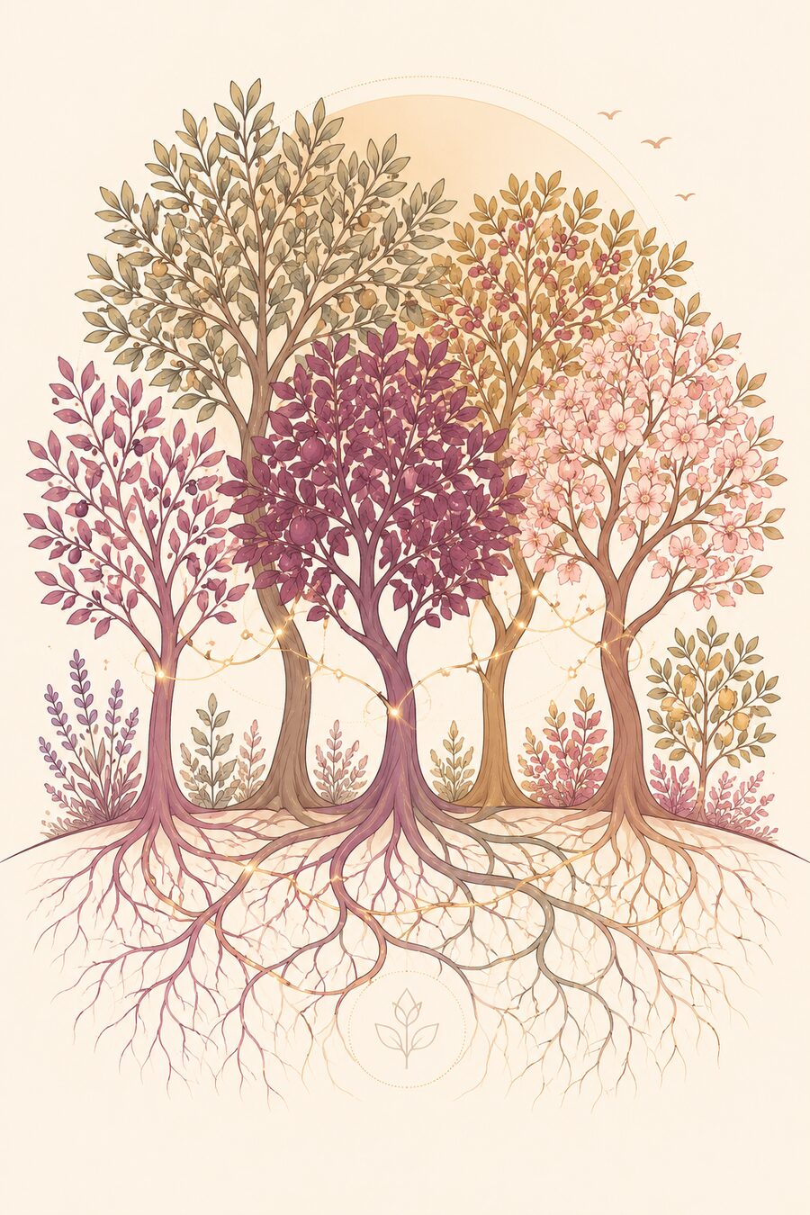 Alberi diversi che crescono insieme, radici intrecciate